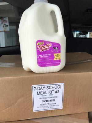 FREE boxes of food distributed weekly for ALL school aged kids! Boxes contains 7 breakfasts and 7 lunches, + a gallon of milk per child.