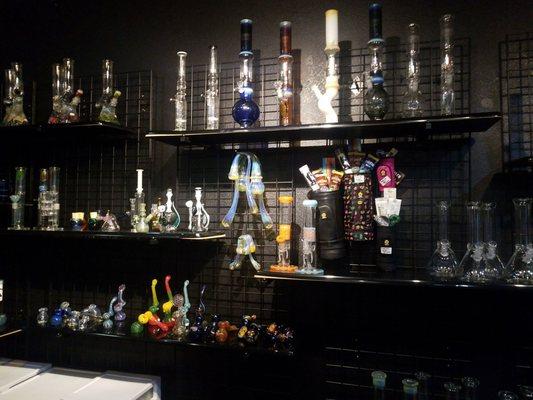 Wall of bongs, pipes.