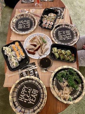 New Year's Eve feast in the living room.