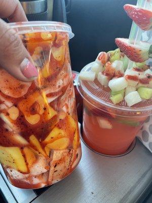 Fruit cup (Vaso de fruta) with coconut and mango.  Strawberry lemonade topped with fruit