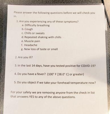 Wellness Questionnaire prior to checking in #COVID19 (9/14/20)