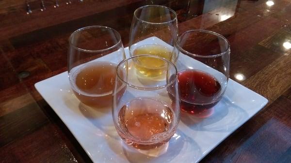 Cider flight:  apple-flavored Tanuki, Reef Points' Dewbees (apple and ollalieberry), cherry-flavored Scrumpy Chider and Mission Trail plum.