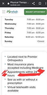 24 hour appntmnt they do not honor. Stop using Covid excuse 4 being rude & manipulative. Take down a sign & false advertising online.