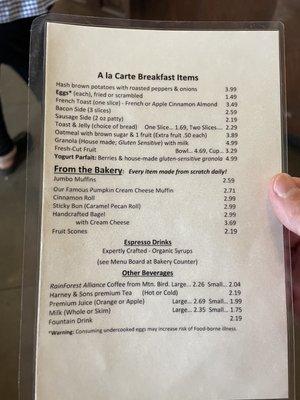 Breakfast menu