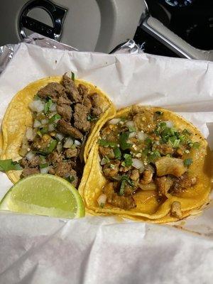 Left-Carne Asada, Right-Al Pastor. Takes me right into the heart of Mexico, A++ flavor and texture