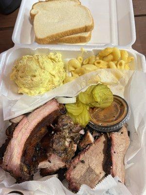 Two Meat Plate: lean brisket, pork ribs, Mac/cheese, potato salad