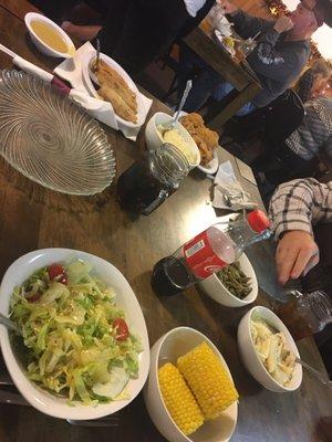 Sunday lunch served family style.  Today's menu included fried chicken, turkey & dressing rolls, mashed, potatoes and all the fixings!