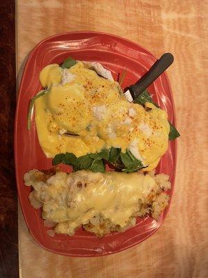 Florentine Benedict Home fries added cheese and friend onions