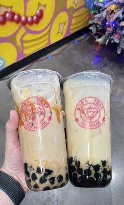 Right: honey jasmine milk tea, left: caramel milk tea Both had brown sugar boba