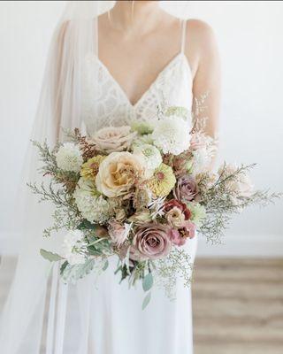 Wedding dress, wedding bouquet