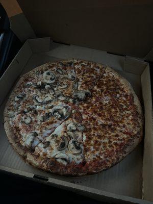 large pizza half mushroom and half cheese