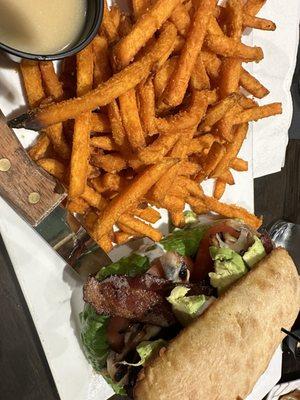 avocado chicken bacon ranch sandwich and sweet potato fries