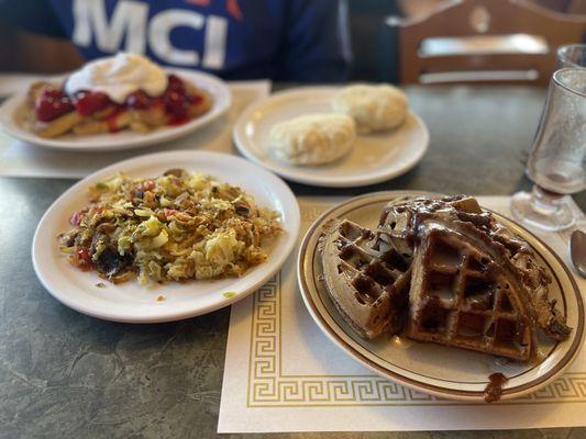 French toast, hash browns, Cinnamom toast waffles