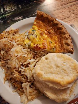 Quiche of the day (vegetable) with hashbrowns and a biscuit