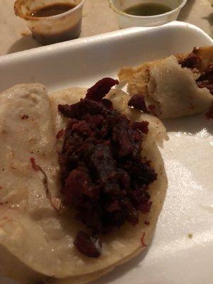 Worst tacos ever dry meat can even chew on it and hairs on food I think some one need to call the city on them