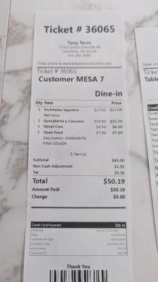 Enchilada Suprema Roja clearly $16.50 on menu but was charged $17.50 on receipt.