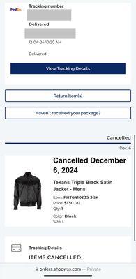 Shows the cancelled jacket that I should've received at 50% off.