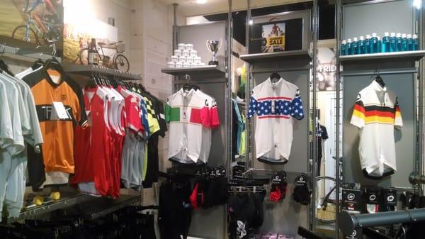 Just a sample of our Men's clothing section.  Great clothing from Bontrager, Pearl Izumi and Assos!