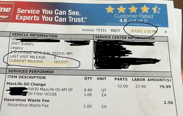 Receipt highlighted date of oil change and the mileage at that time