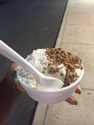 Tequila coco ice cream with coconut and pecans!