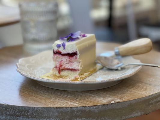 Vanilla cake with plum mousse and plum jam. So delicious