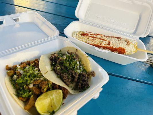 Taco Al pastor, taco lengua, elote