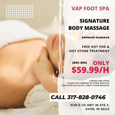 VAP Foot Spa
 8100 E US Hwy 36 Ste 2, Avon, IN 46123
 Call us at 317-828-0746