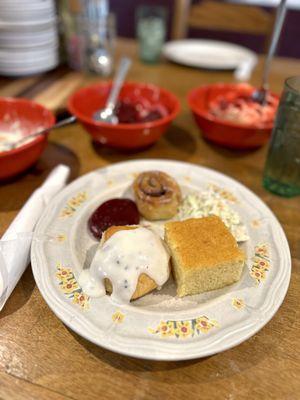 Starters - biscuits and gravy, cornbread, pickled beets, cinnamon roll, coleslaw