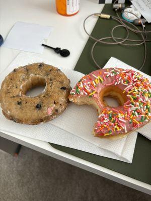 Blueberry donut and pink glaze with cherry sprinkles!