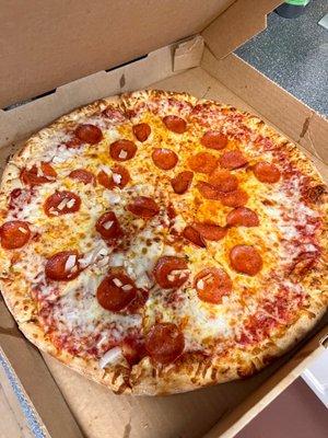 Large (16") pepperoni, cheese and half onion -- thin crust