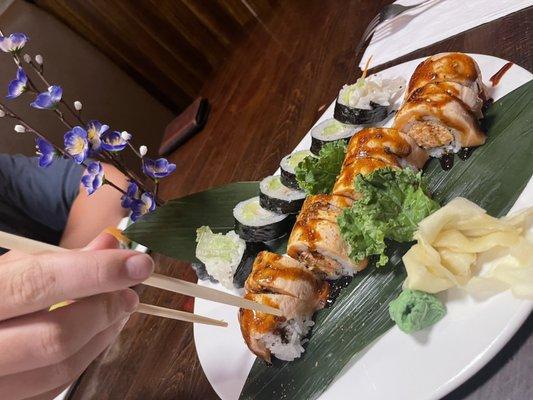 The special Passion Salmon Roll plated with the regular Boston Roll.