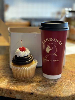 Boston Cream cupcake and large coffee