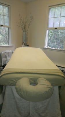 open windows in beautiful massage room overlooking Orleans conservation land