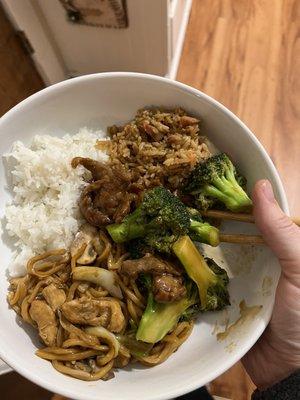 White rice, Chicken Lo Mein, beef and broccoli, pork fried rice