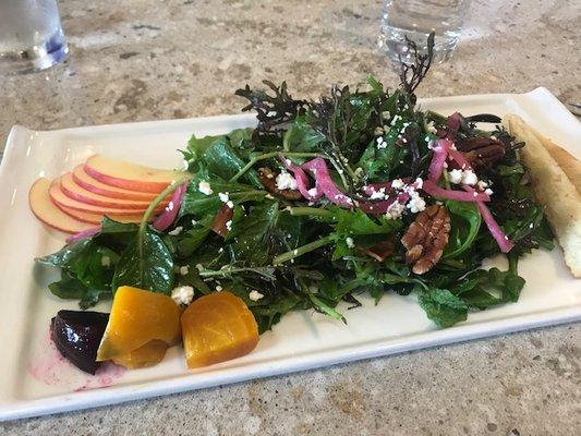 Mixed Garden Salad with fresh chevre, roasted beets, toasted pecans, fresh apples, crispy bacon, pickled red onion, house vinaigrette.