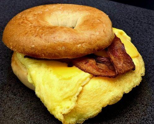 Bagel with egg and cheese.  the customers always be able to add bacon sausage, Ham