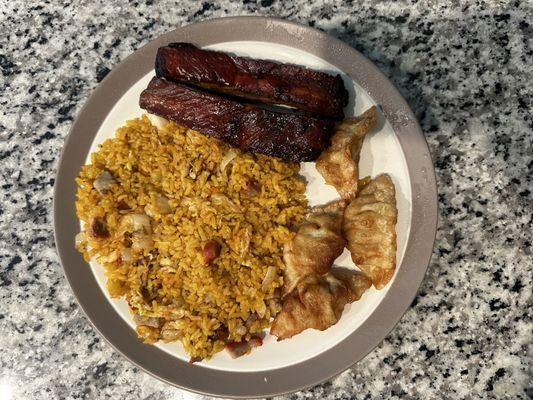 Pork fried rice, spare ribs, and fried dumplings.