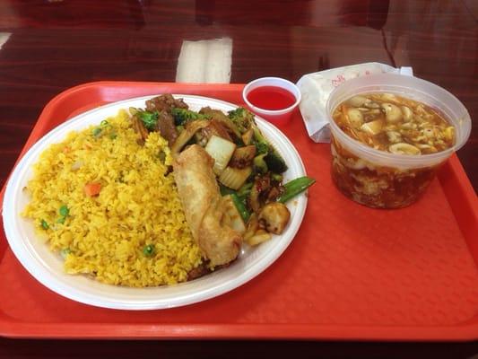 Hunan Beef, fried rice, egg roll, hot and sour soup.