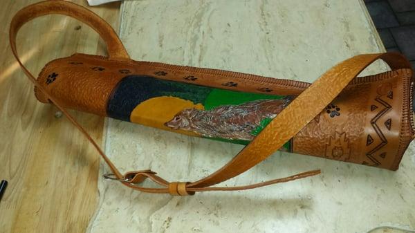 Custom Leather Quiver. Hand tooled and hand dyed and sewn. Leather Tooling Workshops Available. Call for details!