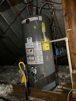 40 gallon short gas Rheem Professional Water Heater installed in attic