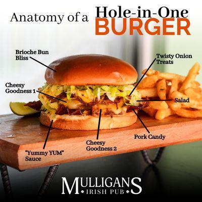 Hole-in-One Burger

Shredded lettuce, melted cheddar & Swiss, bacon, onion straws & zesty petal sauce on grilled brioche