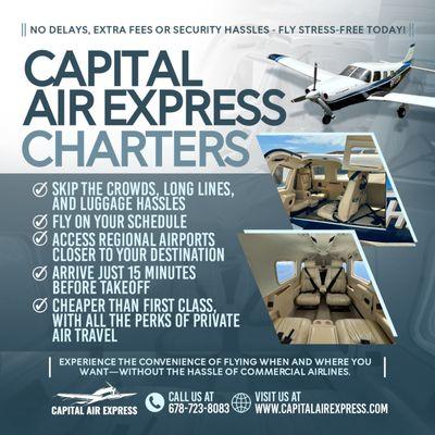 Skip the delays, extra fees, and security hassles. Fly with Capital Air Express for a stress-free, on-demand private air charter.