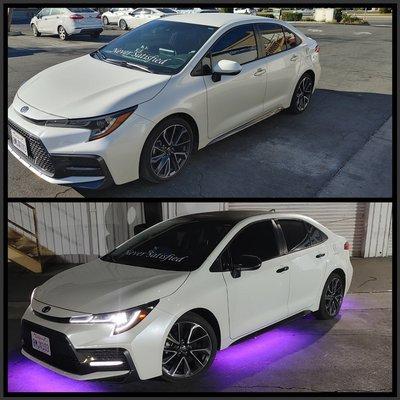 Before and after - (Black glossy wrap) roof, side mirrors, door handles - rear spoiler. Under glow kit and tint on headlights/taillights