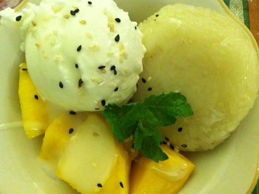 Coconut Cream Sweet Laced Rice w/ mango and coconut ice cream