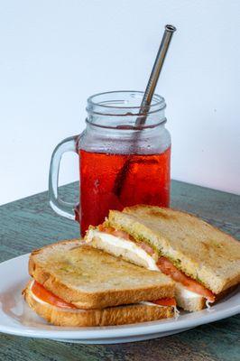 Grilled caprese and raspberry Italian soda