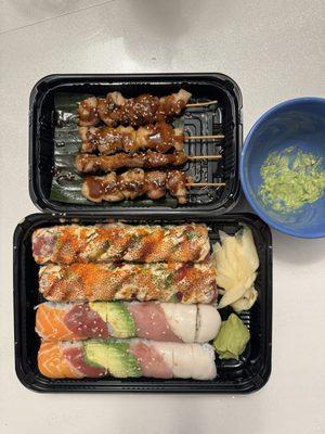 Teriyaki Chicken Skewer, Rainbow Roll, four 4 Seasons Roll