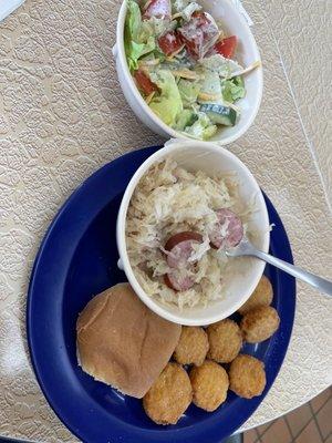 Smoked Sausage and Kraut with side salad and squash.