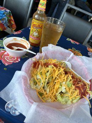 Delicious gringo style tacos. Tons of seasoned ground beef, sharp cheddar cheese and lettuce, topped with a semi spicy salsa.