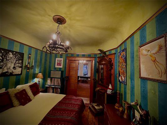 Venetian plaster stripes on walls, Lime wash on ceiling, Metallic trim