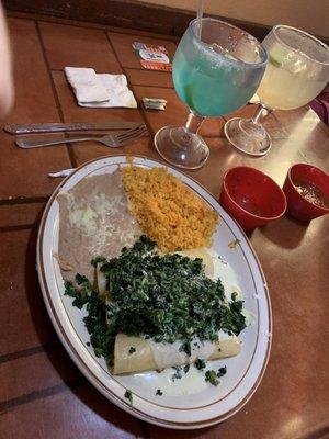 Spinach enchiladas and jumbo blue curaçao margarita!